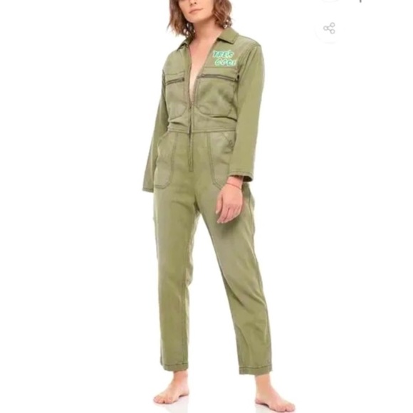 Sandrine Rose x Free People  Natural Khaki Tres Cool Front Zipper Jumpsuit Sz M - Picture 2 of 13